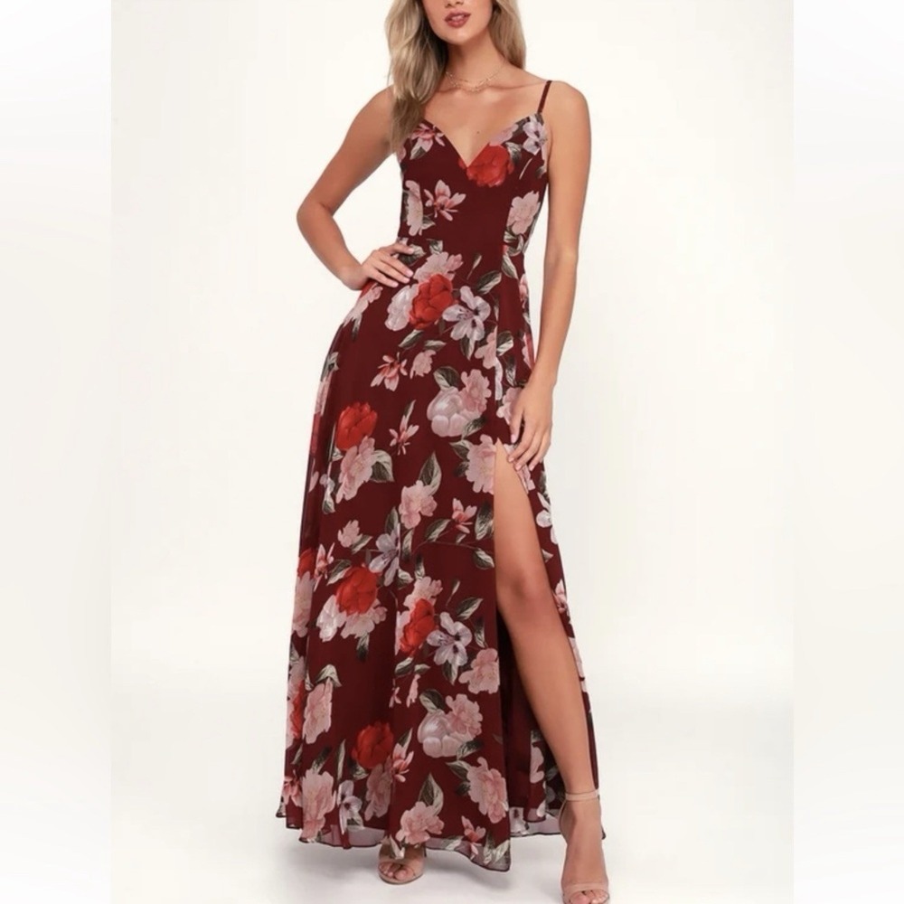 NWT Lulus Into Bloom Burgundy Floral Print Maxi Dress Women's XS‎